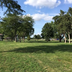 Oak Lake Park - Bathrooms on the left, playground in the distance on the right
