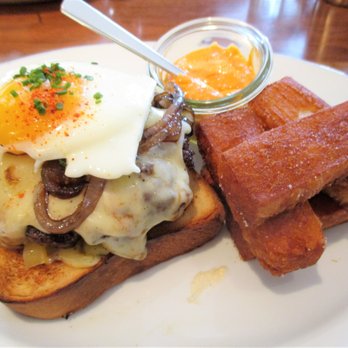 Blue Duck Tavern - BDT brunch burger - sunny egg, raclette, red onion, butter pickles, garlic aioli, and BDT fries - Excellent - New American Near Me - Washington, DC, District of Columbia