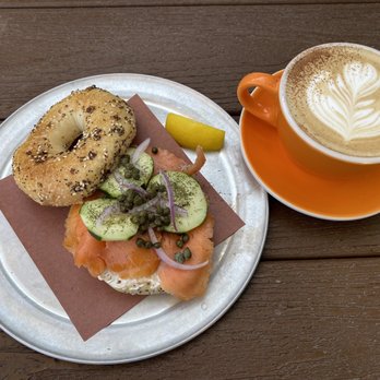 Slowpokes - I loved the latte with honey and cinnamon along with Multi seed bagel and salmon with cream cheese and cucumbers and dill! Really delicious! - Coffee & Tea Near Me - Houston, Texas