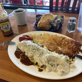 Gold Miner Cafe - Amazing scramble, with sausage gravy, hash browns and some pepper sauce.  So good. - American Near Me - Folsom, California