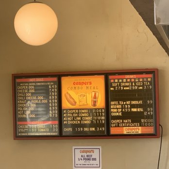 Casper's Hot Dogs - Old school lit menu sign - Hot Dogs Near Me - Hayward, California Casper's Hot Dogs - Old school lit menu sign - Hot Dogs Near Me - Hayward, California