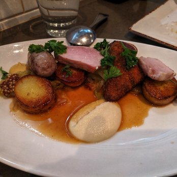 Richmond Station - Tamworth Pork 3 Ways ($28), celeriac puree, pickled cabbage, roasted shallots, buttered Nichola potatoes, Dijon, Reisling jus - Canadian (New) Near Me - Toronto, Ontario
