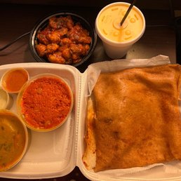 Mysore Masala Dosa, Carrot Halwa, Gobi Manchurian and mango lassi Mysore Masala Dosa, Carrot Halwa, Gobi Manchurian and mango lassi