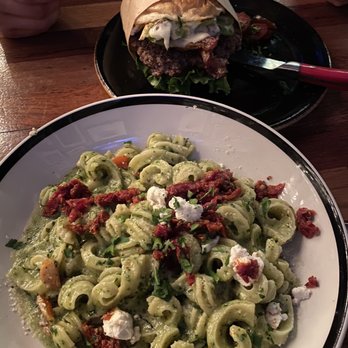 Von's 1000Spirits - Basil Almond Pesto with Lusty Lady Tomatoes, Double Smashed American Burger - New American Near Me - Seattle, Washington Von's 1000Spirits - Basil Almond Pesto with Lusty Lady Tomatoes, Double Smashed American Burger - New American Near Me - Seattle, Washington