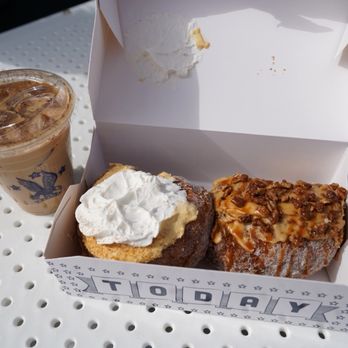 Parlor Doughnuts - Butter Pecan Praline Layered Doughnut & Pumpkin Chai Cheesecake Layered Doughnut & Iced Latte - Donuts Near Me - Pleasant Grove, Utah