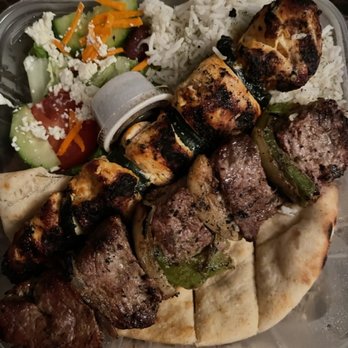 Mediterranean Cafe - beef and chicken skewer plate. - Greek Near Me - San Diego, California Mediterranean Cafe - beef and chicken skewer plate. - Greek Near Me - San Diego, California
