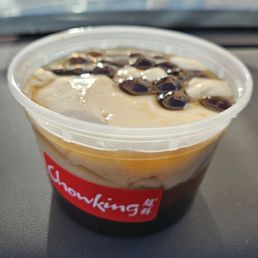 Silken tofu with warm brown sugar syrup and boba pearls