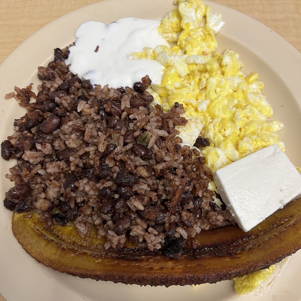 Desayuno Salvadoreno   Beans and rice, crema, plantinos, queso, and the style of eggs you would like it.