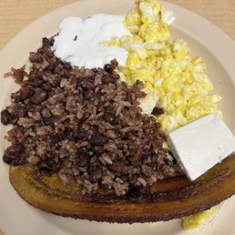 Desayuno Salvadoreno Beans and rice, crema, plantinos, queso, and the style of eggs you would like it. Desayuno Salvadoreno Beans and rice, crema, plantinos, queso, and the style of eggs you would like it.