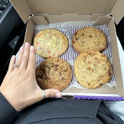 Insomnia Cookies - Funfetti, salted caramel, peanut butter cup, and oatmeal walnut chocolate chip.
