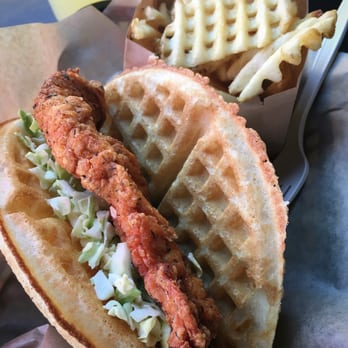 Bruxie - Buttermilk Fried Chicken Waffle ($7.50) with Waffle Fries ($1.95) and Lemonade ($1.00) - Breakfast & Brunch Near Me - Brea, California
