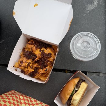 Stash Burger - Loaded Chips, Spicy Smash Burger, and a water - Burgers Near Me - New York, New York Stash Burger - Loaded Chips, Spicy Smash Burger, and a water - Burgers Near Me - New York, New York