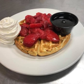 Joker's Cafe - a waffle with strawberries and whipped cream - Cafes Near Me - Grande Prairie, Alberta Joker's Cafe - a waffle with strawberries and whipped cream - Cafes Near Me - Grande Prairie, Alberta