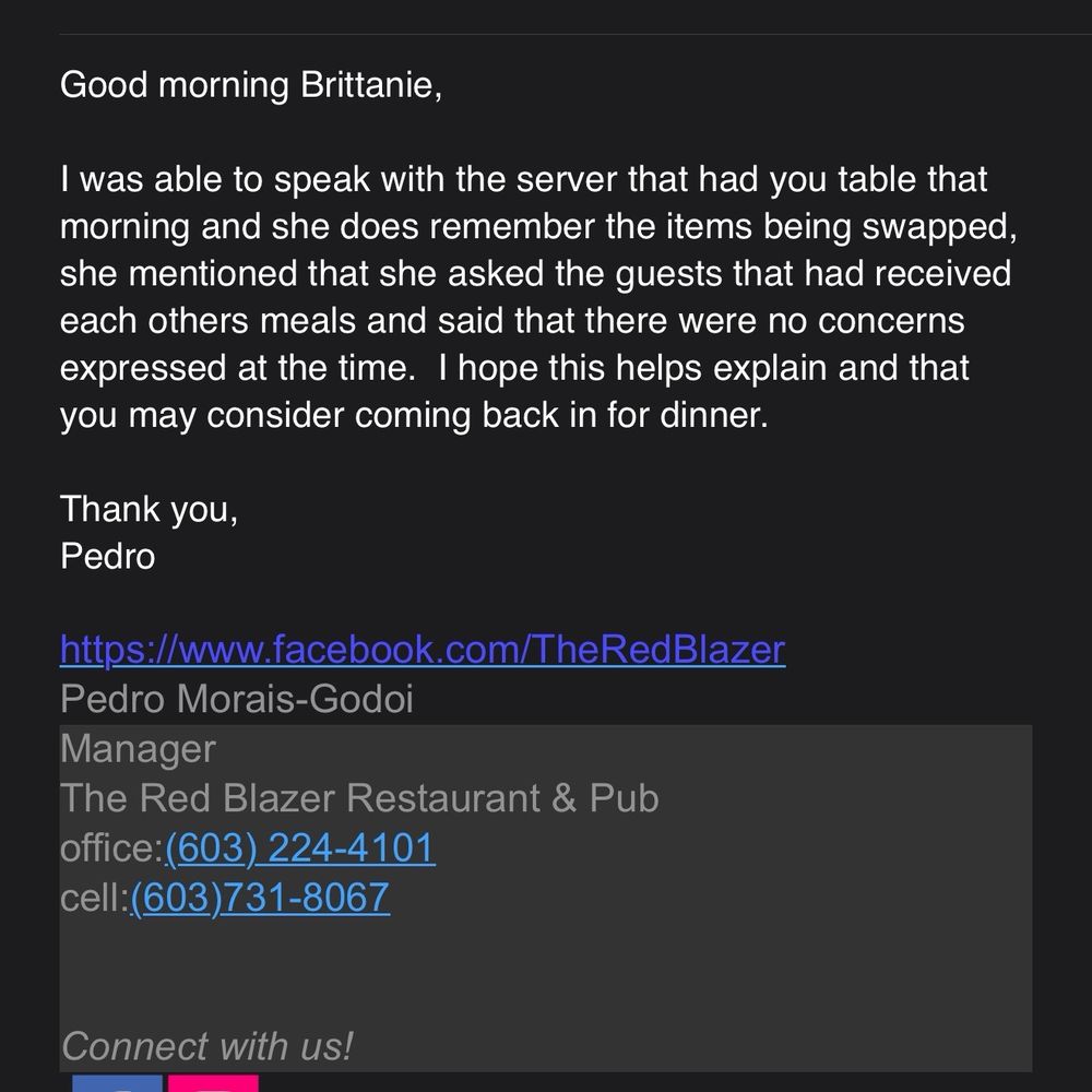 This is the email from the manager. We had concerns the whole table did. She just took the plates. This is the email from the manager. We had concerns the whole table did. She just took the plates.