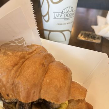 Lviv Croissants - Mushroom breakfast croissant and cappuccino - Cafes Near Me - Fair Oaks, California