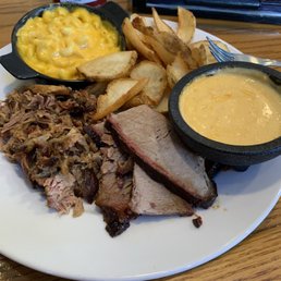 Two meat plate (pulled pork and brisket) with a side of mac&cheese and Dippers & Beer Cheese