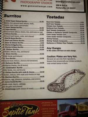 Menu photo 1 Springville El Tapatio Springville, CA