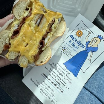 Once Upon A Bagel - Breakfast Sandwich on Garlic Bagel - Sandwiches Near Me - Arlington Heights, Illinois Once Upon A Bagel - Breakfast Sandwich on Garlic Bagel - Sandwiches Near Me - Arlington Heights, Illinois