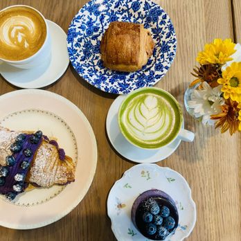 Bittersweet Pastry Shop - Ube flan  Ube white chocolate croissant  Matcha latte - Bakeries Near Me - Chicago, Illinois