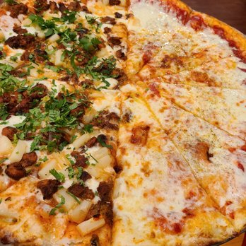 Mr. G's Pizza - Diamond Bar - Half cheese Half Chicken Tikka pizza I added pineapple ..why not !! It's Indian infusion on a pizza !! - Pizza Near Me - Diamond Bar, California
