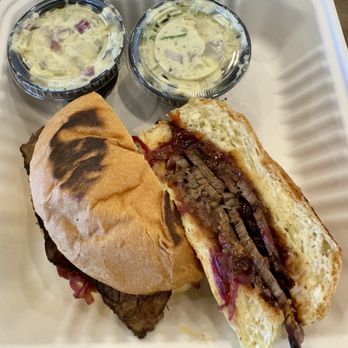 Porterhouse - Kansas City Brisket BBQ Sandwich with Potato Salad - Meat Shops Near Me - Eagle, Idaho Porterhouse - Kansas City Brisket BBQ Sandwich with Potato Salad - Meat Shops Near Me - Eagle, Idaho