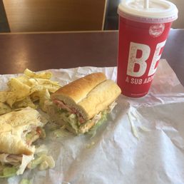 Turkey with Provolone, lettuce, tomato and mayo on white.
