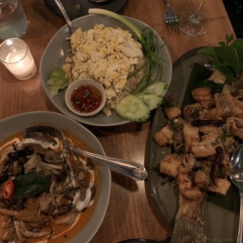 Wayla - Lump crab fried rice, fried banzino, Maa's special curry (mushroom) - Thai Near Me - New York, New York