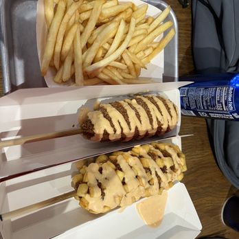 Momo Hotdog - Half Mozzarella & Hotdog, half Pepper Jack & Hotdog with potato, and French Fries - Hot Dogs Near Me - Las Vegas, Nevada