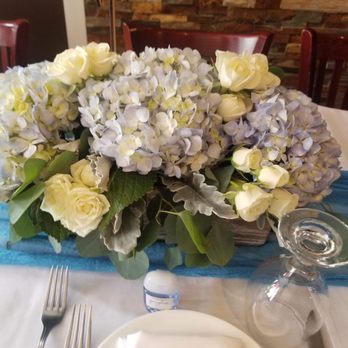 Georgewood Florist - Beautiful light blue hydrangeas and cream baby roses centerpiece - Florists Near Me - Floral Park, New York Georgewood Florist - Beautiful light blue hydrangeas and cream baby roses centerpiece - Florists Near Me - Floral Park, New York