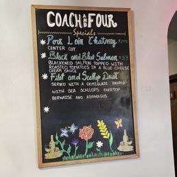 Coach & Four - The blackboard with the specials of the day, including the Filet and Scallops Duet, which I ordered. - tacos, menu - American Near Me - Roanoke, Virginia