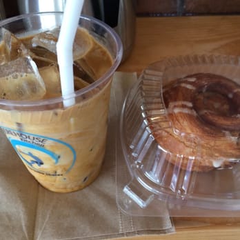 Shorehouse Kitchen - Espresso over ice with milk and half & half added, plus a cinnamon roll, to go. - Coffee & Tea Near Me - La Jolla, California