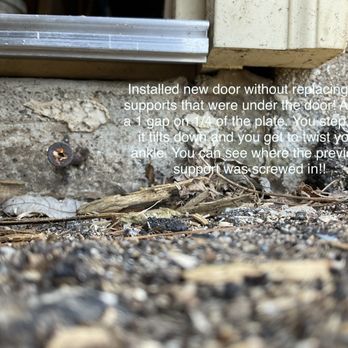 Wiebe Builders - No support under threshold, causing it to tilt outward, safety issues - Decks & Railing Near Me Wiebe Builders - No support under threshold, causing it to tilt outward, safety issues - Decks & Railing Near Me