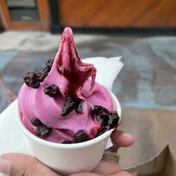 Sweet Journey Soft Serve - Dragon fruit mixed with another berry with cacao nibs