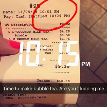 Kung Fu Tea - The time I ordered to the time I got my bubble tea. A Sunday night, not busy, waiting this long..not good! - Coffee & Tea Near Me - Chicago, Illinois Kung Fu Tea - The time I ordered to the time I got my bubble tea. A Sunday night, not busy, waiting this long..not good! - Coffee & Tea Near Me - Chicago, Illinois
