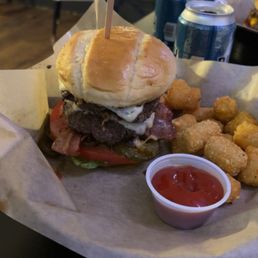 a hamburger and tater tots a hamburger and tater tots