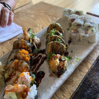 EurAsia Ramen - Left to right So Dang Good Roll, Shrimp Tempura Roll, Philidelphia Roll - Ramen Near Me - Cedar Park, Texas EurAsia Ramen - Left to right So Dang Good Roll, Shrimp Tempura Roll, Philidelphia Roll - Ramen Near Me - Cedar Park, Texas