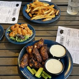 Wings, boom boom shrimp, fries