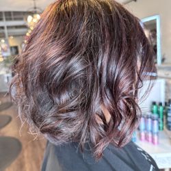 A mixture of plum and brown low lights to warm up for fall. Also, a base brown shade in the back to cover a heavier gray area.