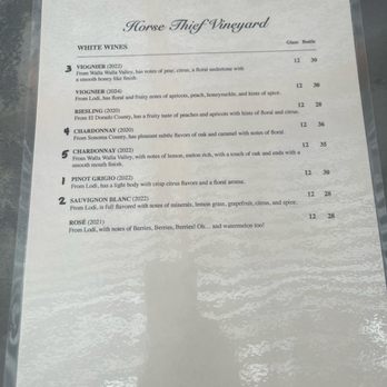 Horse Thief Vineyard - Tasting menu of their white wines - Wine Tasting Room Near Me - Morgan Hill, California