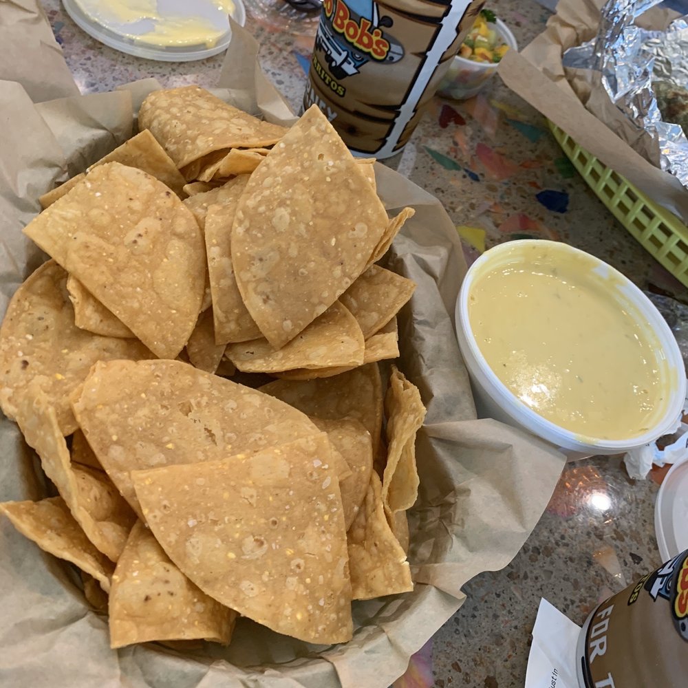 Cabo Bob's Burritos - The chips and queso where on point I really like the tostadas freshly made not from a bag - Mexican Near Me - Austin, Texas