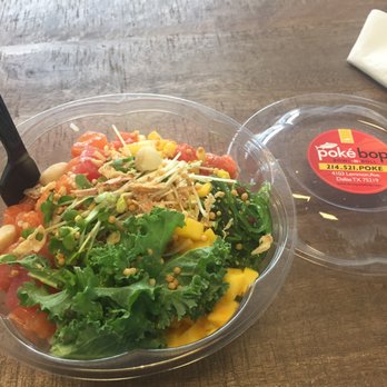 Poke' Bop - Large (3 scoop) protein; tuna, spicy tuna and salmon. Also add ins include no additional sauce, mango, kale, corn, macadamia nut. - Poke Near Me - Dallas, Texas Poke' Bop - Large (3 scoop) protein; tuna, spicy tuna and salmon. Also add ins include no additional sauce, mango, kale, corn, macadamia nut. - Poke Near Me - Dallas, Texas