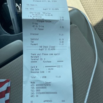Zaxbys - Receipt - Fast Food Near Me - Richmond Hill, Georgia