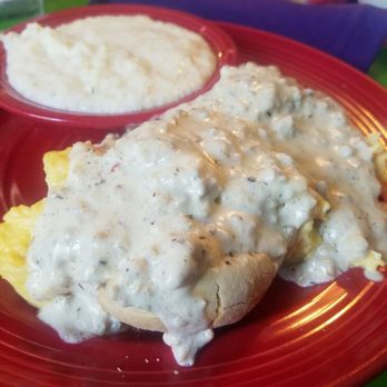 The Flying Biscuit Cafe - Chicken biscuit with gravy and side of the best grits ever! - Breakfast & Brunch Near Me - Atlanta, Georgia