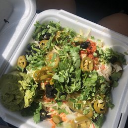Spicy chicken Cabo bowl with the works. Asked for guac instead of queso.
