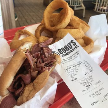 Bobo's Hamburgers - Jr Pastrami Sandwich and my mountain of homemade onion rings - Burgers Near Me - Pacoima, California Bobo's Hamburgers - Jr Pastrami Sandwich and my mountain of homemade onion rings - Burgers Near Me - Pacoima, California