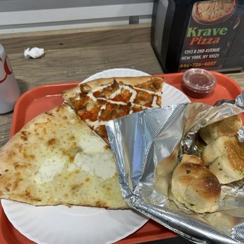 Krave Pizza - White Ricotta Pizza Slice Buffalo Chicken Pizza Slice Garlic Knots - Pizza Near Me - New York, New York Krave Pizza - White Ricotta Pizza Slice Buffalo Chicken Pizza Slice Garlic Knots - Pizza Near Me - New York, New York