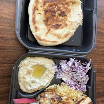 Dvine Mediterranean Experience - Long Beach - Chicken Kabob with purple cabbage (side dish/baba ghanoush). $17 - Mediterranean Near Me - Long Beach, California
