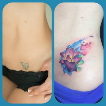 Urban Element Tattoo - Dove tattoo from 2003 covered with a watercolor lotus flower. Love it! - Tattoo Near Me - Denver, Colorado Urban Element Tattoo - Dove tattoo from 2003 covered with a watercolor lotus flower. Love it! - Tattoo Near Me - Denver, Colorado