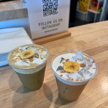 Sun House Cafe - Hojicha with Banana Cream and Banana Cream Latte - Coffee & Tea Near Me - Sacramento, California Sun House Cafe - Hojicha with Banana Cream and Banana Cream Latte - Coffee & Tea Near Me - Sacramento, California