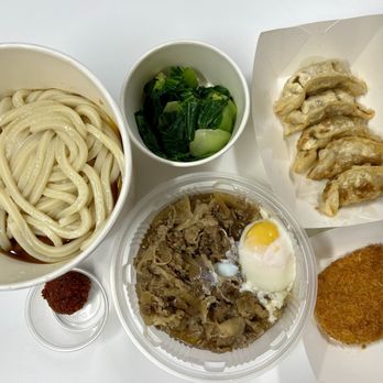 Marugame Udon - Nikutama (udon only), Gekikara Fireball, Sweet Beef & Soft Boiled Egg, Potato Croquette, Gyoza, Bok Choy; IG: @katzlundell - Japanese Near Me - Torrance, California